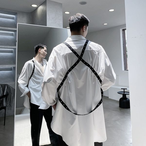 men bandage rivet long sleeve casual shirt male japan streetwear functional style hip hop loose shirt stage show clothes, White;black
men bandage rivet long sleeve casual shirt male japan streetwear functional style hip hop loose shirt stage show clothes, White;black