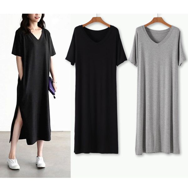 casual dresses soft modal v-neck women summer dress short sleeve cotton split out long with pockets, Black;gray
casual dresses soft modal v-neck women summer dress short sleeve cotton split out long with pockets, Black;gray