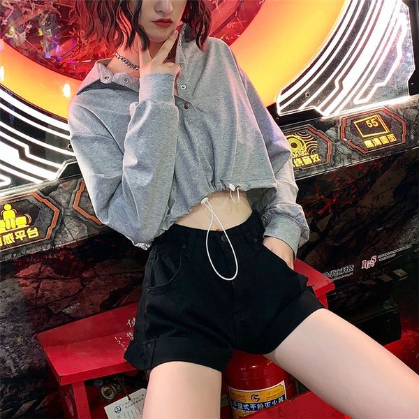 european and american 2019 autumn womens new long-sleeved half-open collar single-breasted drawstring navel t-shirt, White
european and american 2019 autumn womens new long-sleeved half-open collar single-breasted drawstring navel t-shirt, White