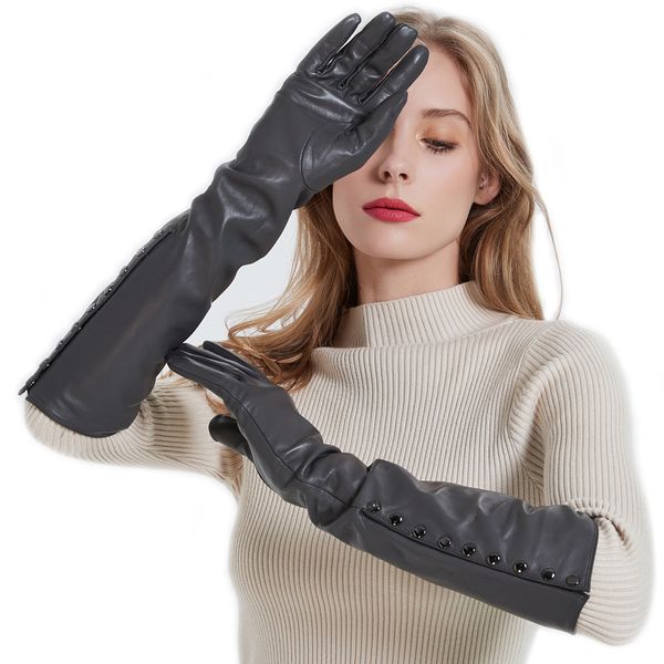 kimobaa lady open buttons real sheep leather elbow gloves dark gray, Blue;gray
kimobaa lady open buttons real sheep leather elbow gloves dark gray, Blue;gray