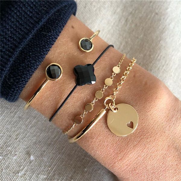 4pcs/set boho style gold color link chain bracelet black crystal open bangle women party jewelry gift, Golden;silver
4pcs/set boho style gold color link chain bracelet black crystal open bangle women party jewelry gift, Golden;silver