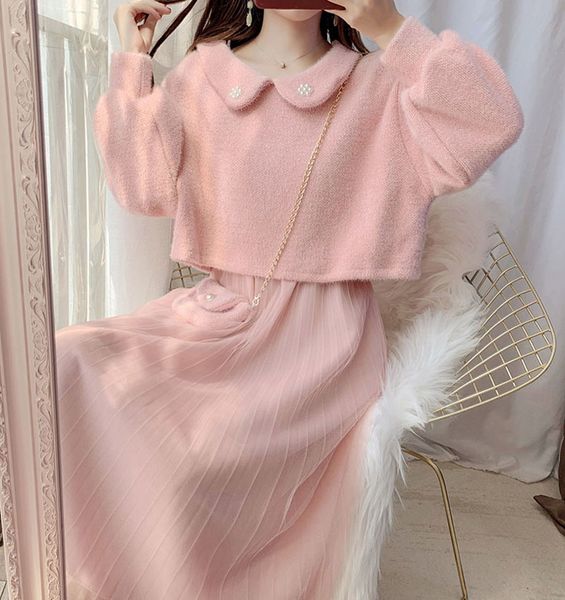 womens two-piece set autumn new 2020 ladies short knit sweater with sling dress female suit doll collar loose sweater+dress set x0923, Gray
womens two-piece set autumn new 2020 ladies short knit sweater with sling dress female suit doll collar loose sweater+dress set x0923, Gray