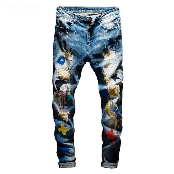 moruancle men's colored patchwork ripped jeans trendy fashion patch design embroidery stretch denim pants slim straight trousers, Blue
moruancle men's colored patchwork ripped jeans trendy fashion patch design embroidery stretch denim pants slim straight trousers, Blue