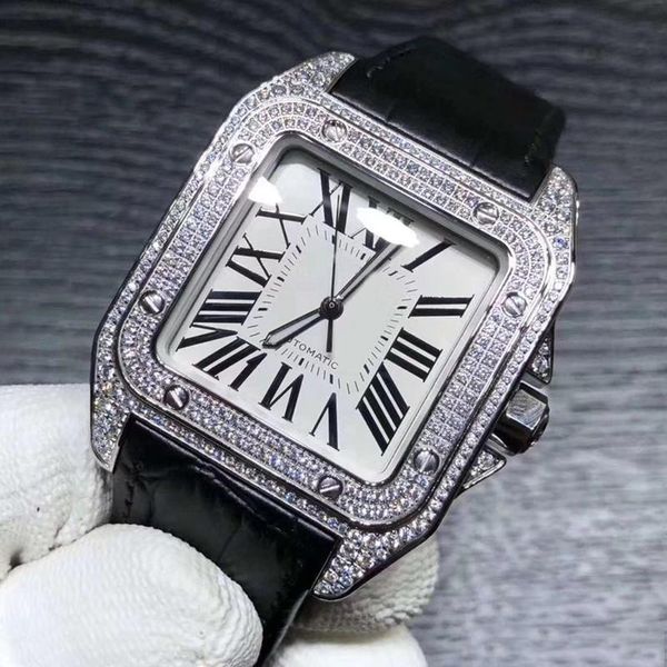 2020 new style automatic movement square 100 watch men full diamond white dial real leather band male watch delivery, Slivery;brown
2020 new style automatic movement square 100 watch men full diamond white dial real leather band male watch delivery, Slivery;brown