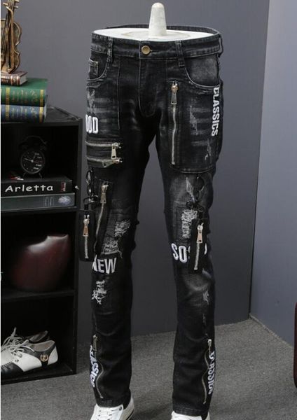 spring and autumn vintage elastic hole-piercing brand jeans for men straight-bodied european and american zipper young beggar 2, Blue 
spring and autumn vintage elastic hole-piercing brand jeans for men straight-bodied european and american zipper young beggar 2, Blue