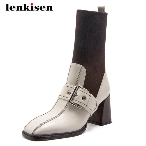 boots lenkisen sock genuine leather buckle decoration mixed colors square toe thick high heel slip on british mid-calf l37, Black
boots lenkisen sock genuine leather buckle decoration mixed colors square toe thick high heel slip on british mid-calf l37, Black