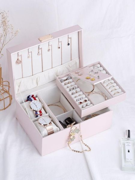 brand white jewelry box big capacity double layers 2 watches slow bangles bracelet rings display necklace jewel organizer box, Pink;blue
brand white jewelry box big capacity double layers 2 watches slow bangles bracelet rings display necklace jewel organizer box, Pink;blue