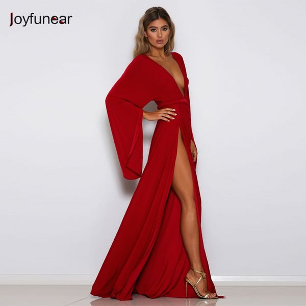 

joyfunear new high split women dress summer 2020 bodycon long slevee red dress shein evening party long dresses vestidos, Black;gray