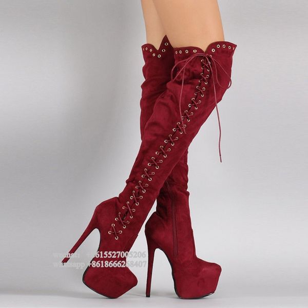 boots fashion side lace up red suede leather thigh high thick platform thin heel winter women over the knee, Black
boots fashion side lace up red suede leather thigh high thick platform thin heel winter women over the knee, Black