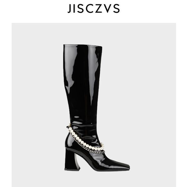 boots design knee high women patent leather pearl chain long street style square toe 2021, Black
boots design knee high women patent leather pearl chain long street style square toe 2021, Black
