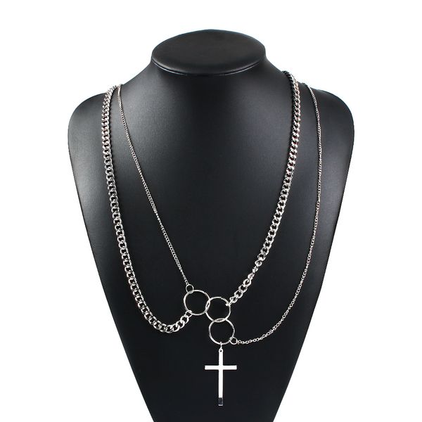 popular jewelry fashion multi-layer ring cross pendant necklaces hip hop trendy necklace for women party gifts, Silver