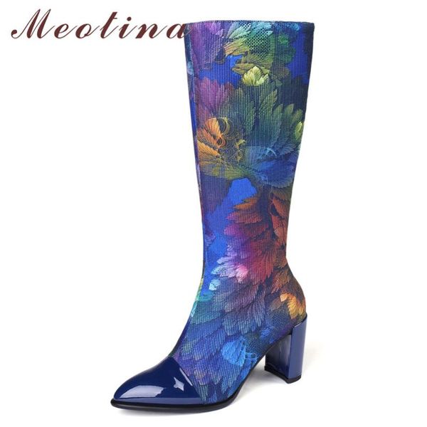 boots meotina winter knee high women genuine leather zip thick heel long silk mixed colors pointed toe shoes lady 43, Black 
boots meotina winter knee high women genuine leather zip thick heel long silk mixed colors pointed toe shoes lady 43, Black