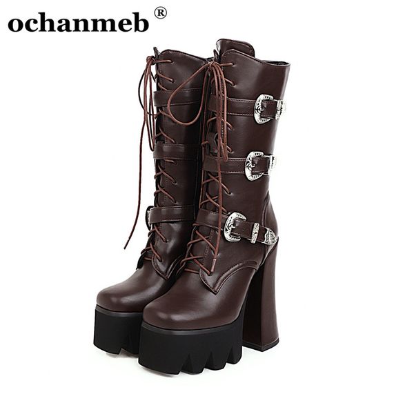 women's ultra high 15cm chunky heels mid-calf boots woman cross tied metal buckle platforms gothic shoes motorcycle boots ladies, Black
women's ultra high 15cm chunky heels mid-calf boots woman cross tied metal buckle platforms gothic shoes motorcycle boots ladies, Black