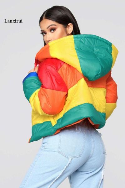 women winter coat oversize hoodie parkas short casual warm jacket striped winter clothing rainbow stripe splicing fluffy parka, Black
women winter coat oversize hoodie parkas short casual warm jacket striped winter clothing rainbow stripe splicing fluffy parka, Black