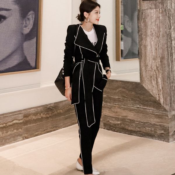 spring turn-down collar blazer coat casual office suits high waist long pant two piece women's work black sets, White
spring turn-down collar blazer coat casual office suits high waist long pant two piece women's work black sets, White