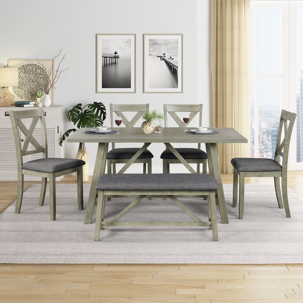 6 piece gray dining table set wood dining table and chair kitchen table set with table, bench and 4 chairs, rustic style sh000109aae
6 piece gray dining table set wood dining table and chair kitchen table set with table, bench and 4 chairs, rustic style sh000109aae