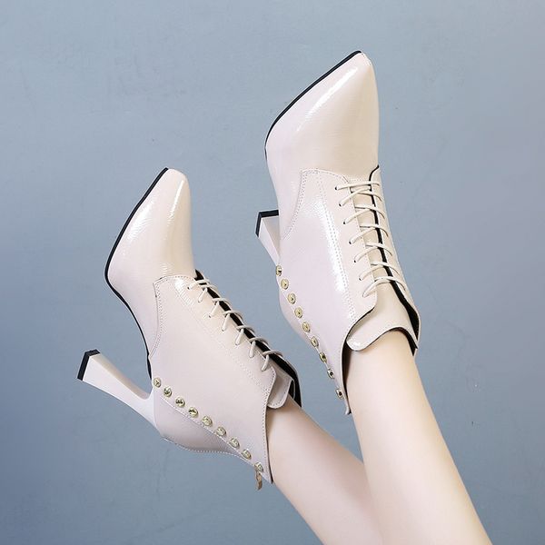 pointed toe winter ankle boots zipper lace up ladies patent leather shoes autumn booties nice women rivet high heels, Black
pointed toe winter ankle boots zipper lace up ladies patent leather shoes autumn booties nice women rivet high heels, Black