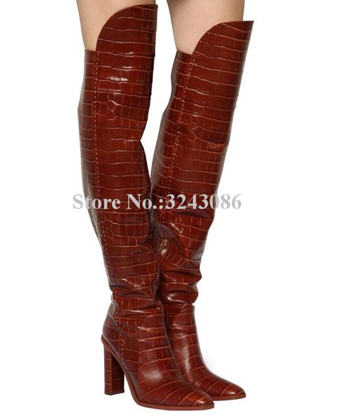 new crocodile leather chunky heel over the knee boots woman round toe brown thick heel long boots lady large size winter shoes, Black 
new crocodile leather chunky heel over the knee boots woman round toe brown thick heel long boots lady large size winter shoes, Black