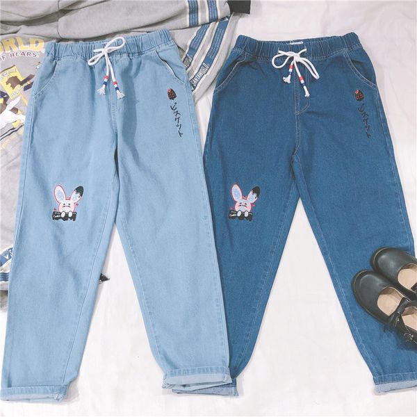 women's jeans japanese small fresh cartoon embroidery student girls elastic waist pants soft sister spring trousers mori girl, Blue
women's jeans japanese small fresh cartoon embroidery student girls elastic waist pants soft sister spring trousers mori girl, Blue
