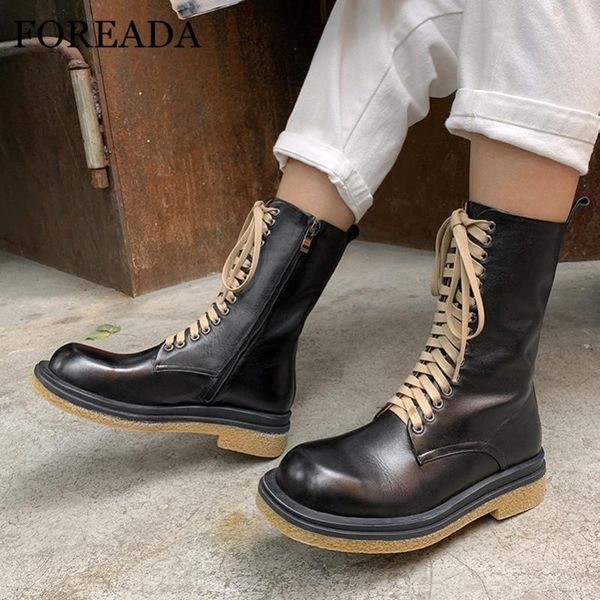 foreada motorcycle boots woman natural genuine leather mid calf boots zipper platform flat shoes lace up round toe ladies, Black
foreada motorcycle boots woman natural genuine leather mid calf boots zipper platform flat shoes lace up round toe ladies, Black