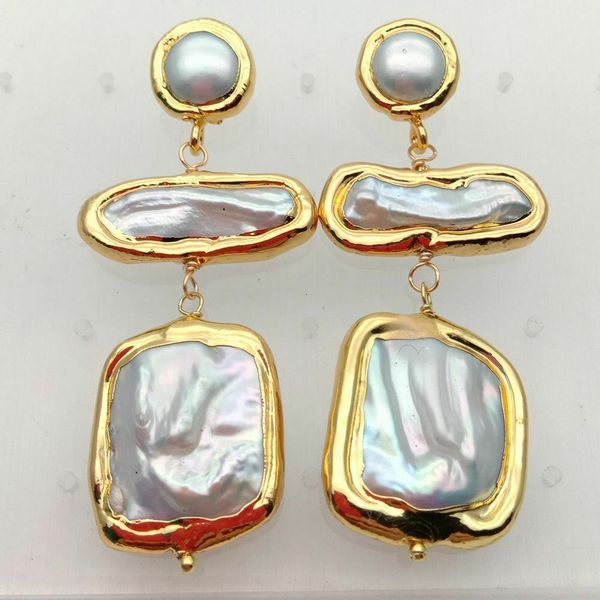 yellow golden plated freshwater biwa pearl square pearl earrings, Golden;silver