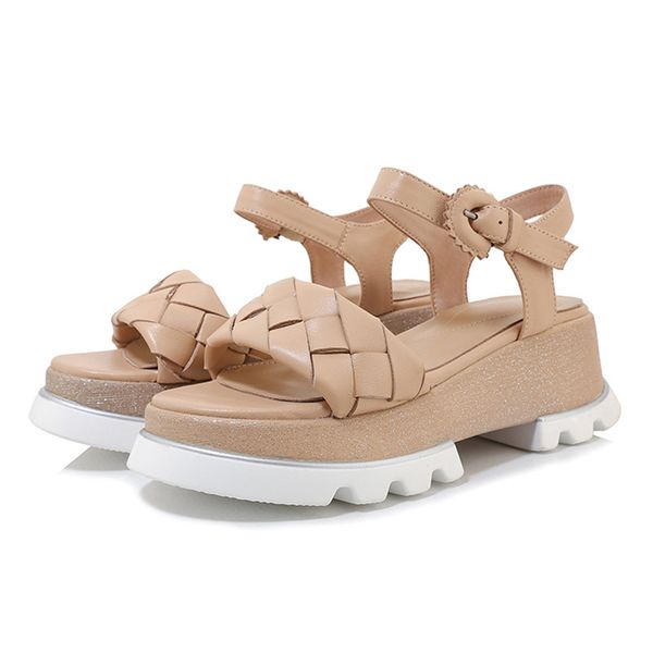 summer woven genuine leather women sandals high platform women sandals, Black