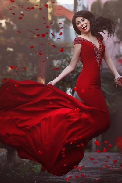 cap sleeves red mermaid evening dresses deep v neck formal prom gowns backless long party dress, Black;red
cap sleeves red mermaid evening dresses deep v neck formal prom gowns backless long party dress, Black;red