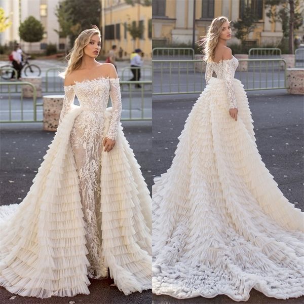 luxury mermaid wedding dresses with detachable train appliqued lace tiered bridal gowns long sleeves custom made long wedding dress, White
luxury mermaid wedding dresses with detachable train appliqued lace tiered bridal gowns long sleeves custom made long wedding dress, White