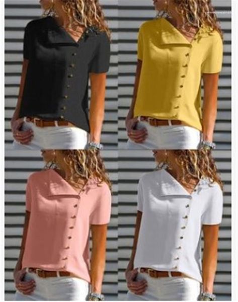 shirts single breasted female pure color clothing womens designer chiffon blouses short sleeved summer lapel neck, White
shirts single breasted female pure color clothing womens designer chiffon blouses short sleeved summer lapel neck, White