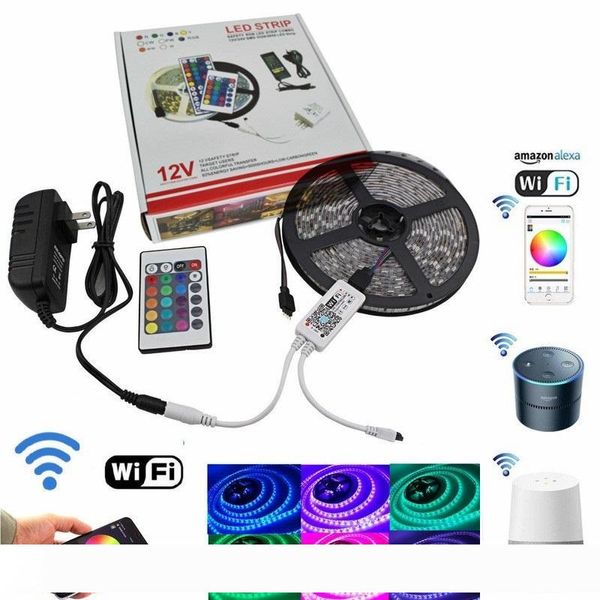 

5050 RGB Wifi Controller LED Strip light 5M 60led m Waterproof Neon Flexible Tape Ribbon Strip + Bluetooth Music Control + 12V Power Adapter