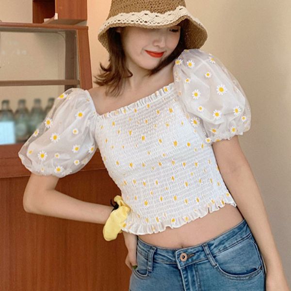 women chiffon shirt summer floral mesh splicing off shoulder crop female short puff sleeve ruched blouse, White
women chiffon shirt summer floral mesh splicing off shoulder crop female short puff sleeve ruched blouse, White