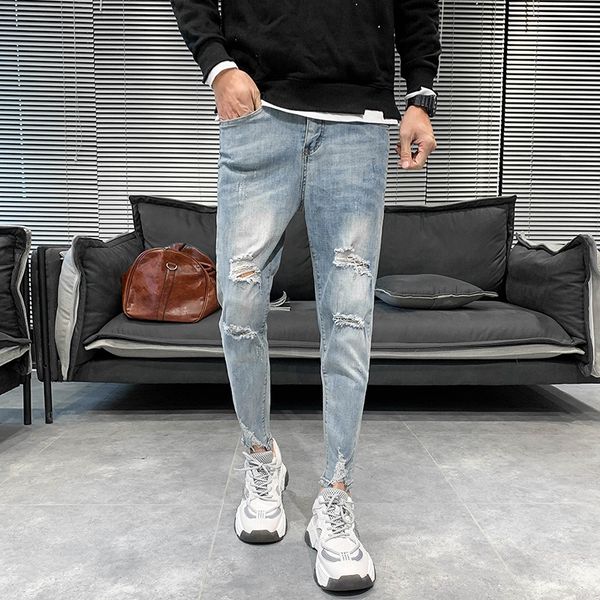 ankle length stretch jeans men korean slim fit casual ripped jeans pants men streetwear denim hole trousers 34, Blue
ankle length stretch jeans men korean slim fit casual ripped jeans pants men streetwear denim hole trousers 34, Blue