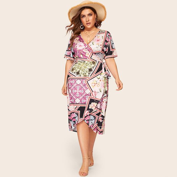 casual dresses s-xxl women summer plus size dress elegant vintage print deep v-neck female short sleeve belt high waist midi, Black;gray
casual dresses s-xxl women summer plus size dress elegant vintage print deep v-neck female short sleeve belt high waist midi, Black;gray
