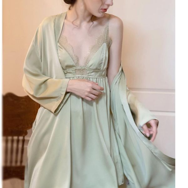 women's sleepwear 2 pieces set women v neck elegant nightgown silk lace dress bathrobes summer spring autumn nightgowns homewear, Black;red
women's sleepwear 2 pieces set women v neck elegant nightgown silk lace dress bathrobes summer spring autumn nightgowns homewear, Black;red