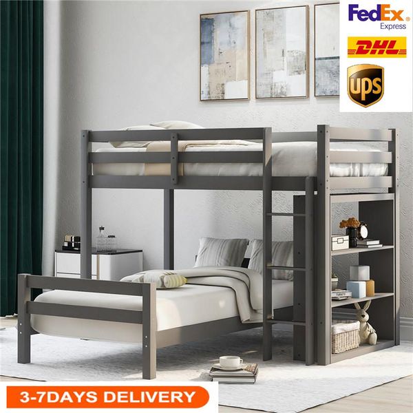 Us Stock, 2020 Gray Twin Size Over Twin Bed With Ladder And Guard Rail, Full Bed With Shelves For Kids Adults Lp000021aae