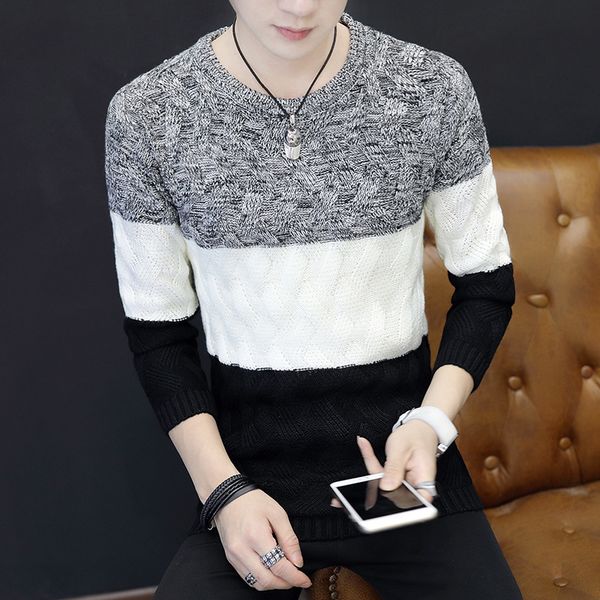 2020 men's slim-fit round-neck sweater youth mixed color stripe sweater, White;black
2020 men's slim-fit round-neck sweater youth mixed color stripe sweater, White;black