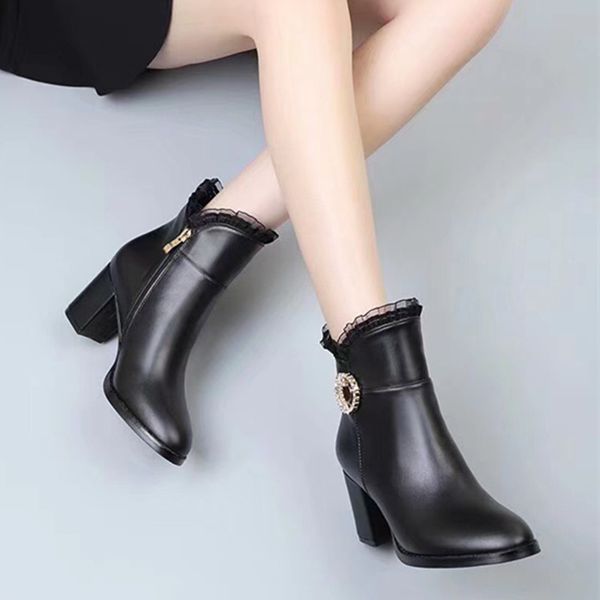 new arrival 2020 round toe high heel pumps lace decoration genuine leather zips crystal women short boots, Black
new arrival 2020 round toe high heel pumps lace decoration genuine leather zips crystal women short boots, Black