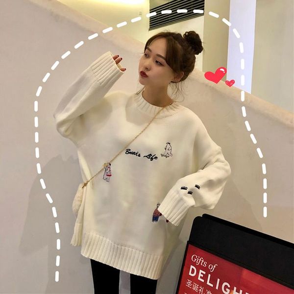 sweater women 2020 autumn and winter new cute cartoon embroidery loose round neck pullover mid-length sweater women, White;black
sweater women 2020 autumn and winter new cute cartoon embroidery loose round neck pullover mid-length sweater women, White;black