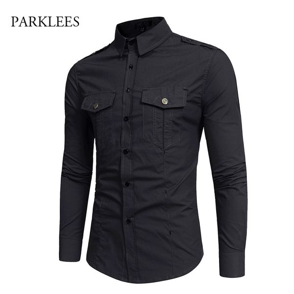 men's casual shirts cotton shirt men tactical epaulet safari style mens dress solid black button down camisa teen business social cloth, White;black
men's casual shirts cotton shirt men tactical epaulet safari style mens dress solid black button down camisa teen business social cloth, White;black