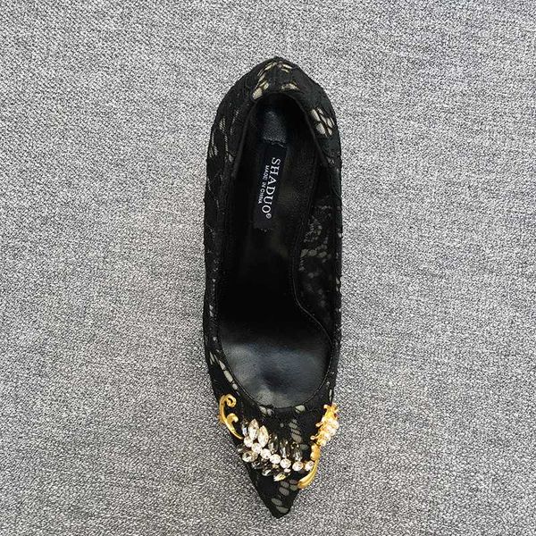 2020 shaduo genuine leather stitching lace single shoes rhinestone insects with high heels 6.5cm, Black
2020 shaduo genuine leather stitching lace single shoes rhinestone insects with high heels 6.5cm, Black