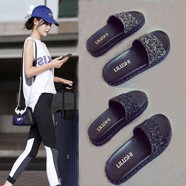 summer fashion sequined rhinestone thick-soled korean version flat-bottomed wear-resistant women's sandals slippers, Black
summer fashion sequined rhinestone thick-soled korean version flat-bottomed wear-resistant women's sandals slippers, Black