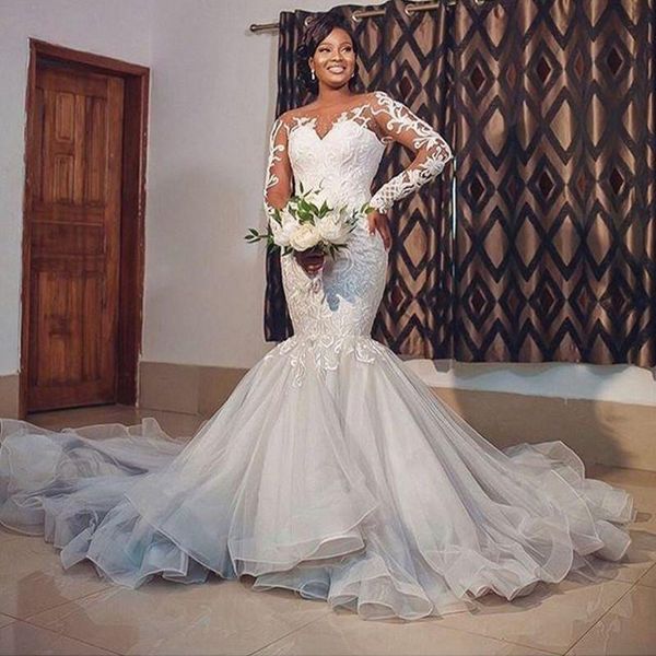 graceful beaded mermaid lace wedding dresses sheer bateau neck long sleeves bridal gowns tulle court train robe de mariée, White
graceful beaded mermaid lace wedding dresses sheer bateau neck long sleeves bridal gowns tulle court train robe de mariée, White