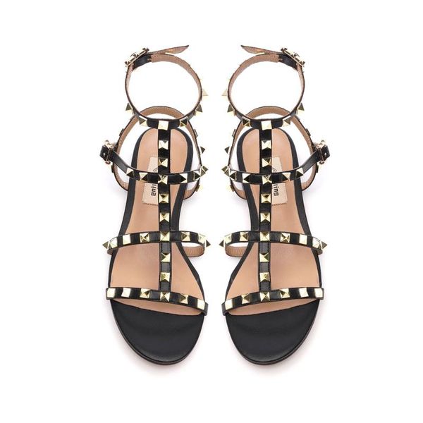 women flat black leather sandals ankle strap shoes