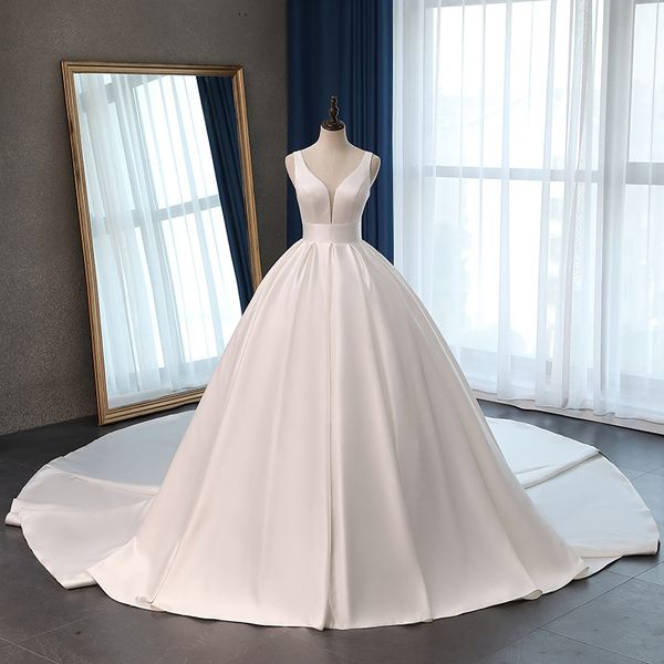 simple chapel train satin wedding dresses empire waist plunging v-neck corset back draped wedding reception bridal vestidos de novia, White
simple chapel train satin wedding dresses empire waist plunging v-neck corset back draped wedding reception bridal vestidos de novia, White