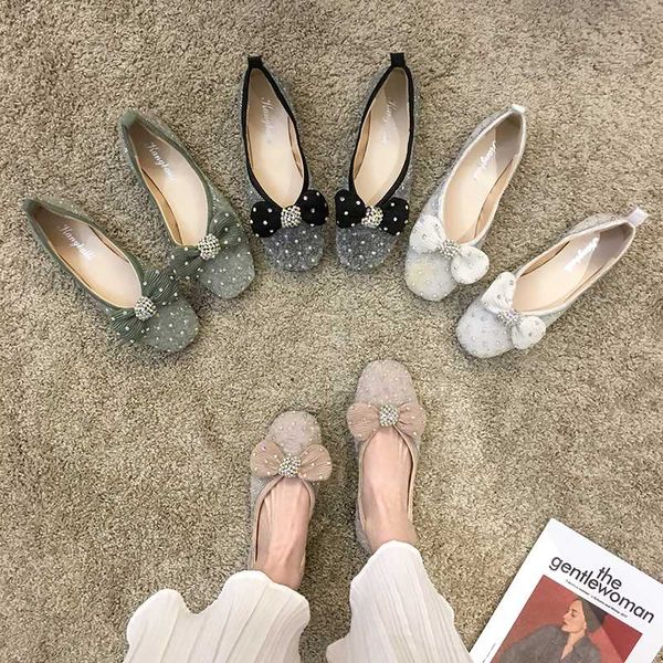 women's shoes pimps 2020 spring new bow sequin square toe flats, Black