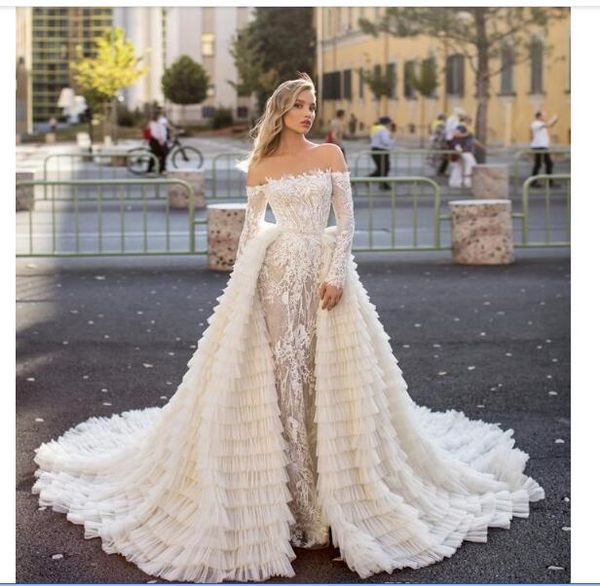 2020 mermaid wedding dresses with detachable train off shoulder lace appliqued long sleeve wedding dress custom plus size bridal gowns, White
2020 mermaid wedding dresses with detachable train off shoulder lace appliqued long sleeve wedding dress custom plus size bridal gowns, White