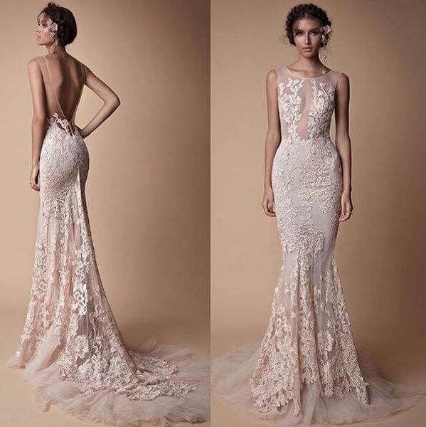 

Berta Lace Applique Mermaid Evening Dresses Wear Sheer Neck Backless Full length Custom Make Fishtail Prom Pageant Gowns Cheap