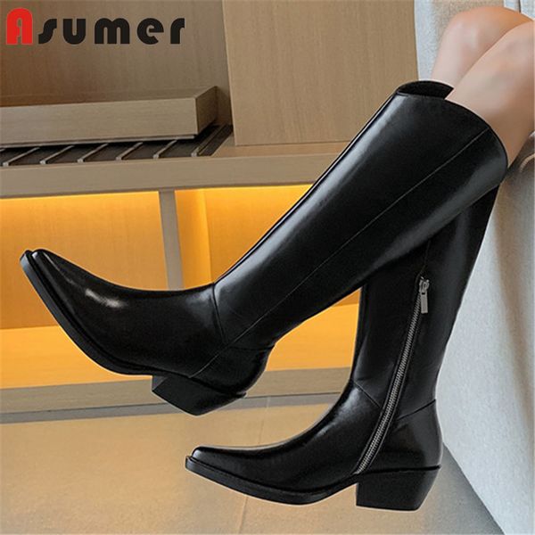 asumer 2020 european style western cowboy boots women genuine leather shoes pointed toe zip thick heel knee high boots woman, Black
asumer 2020 european style western cowboy boots women genuine leather shoes pointed toe zip thick heel knee high boots woman, Black