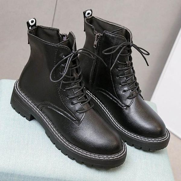 boots ankle fashion winter pu leather women work shoes round toe lace-up black