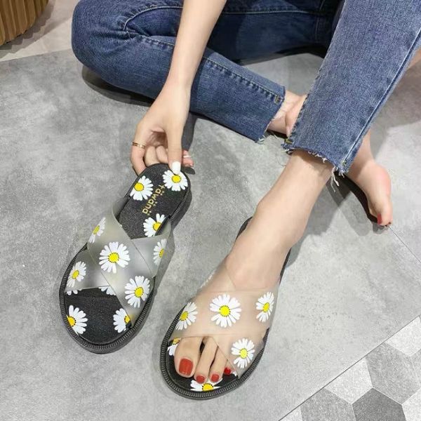 female beautiful daisy slippers women summer wear fashion flower transparent cross band non slip comfortable flat bottom slides, Black
female beautiful daisy slippers women summer wear fashion flower transparent cross band non slip comfortable flat bottom slides, Black